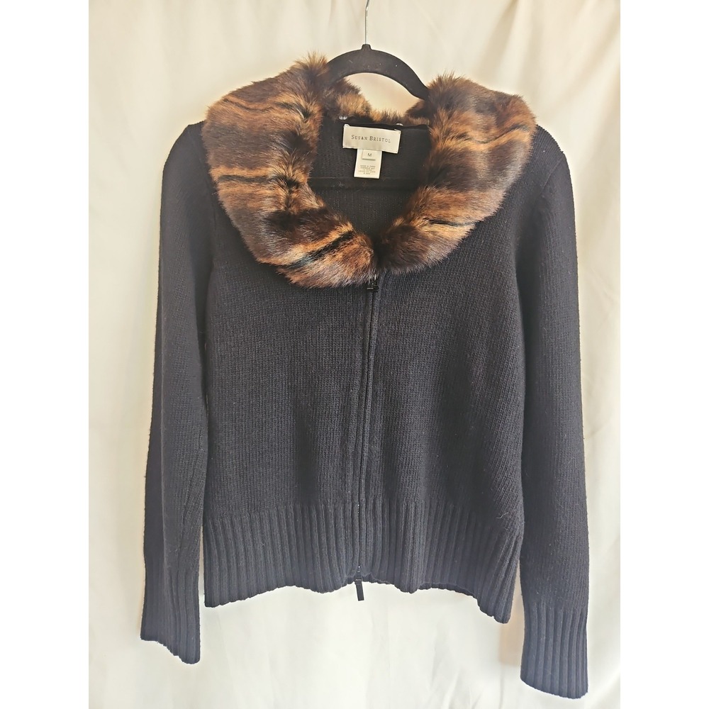 Susan Bristol Y2K Black Zip Cardigan Sweater Faux Fur Collar Womens M 2005